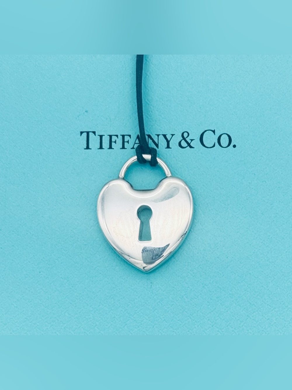 Tiffany & Co SS Retired Heart Keyhole Charm on Black Thin Silk Cord 16” EUC